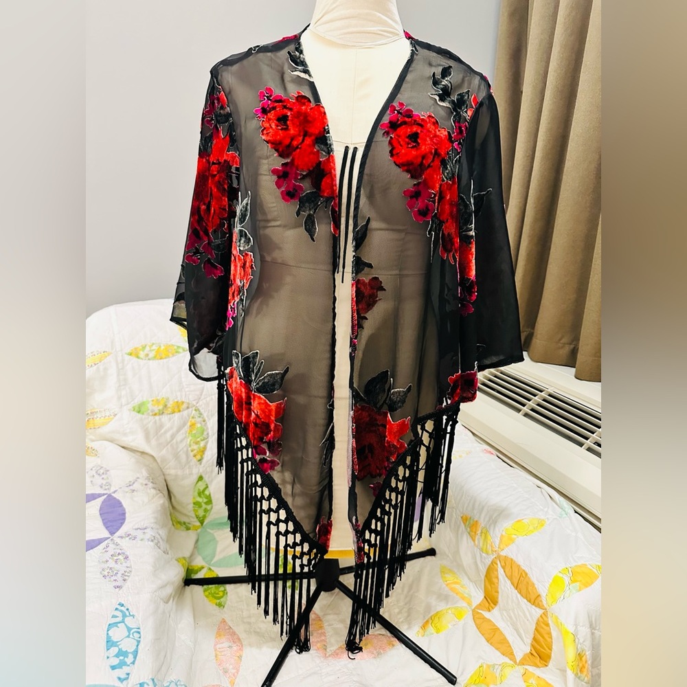 Wrangler Boho Sheer Velvet Rose Kimono Wrap with Black Trim Fringe L - Picture 10 of 10